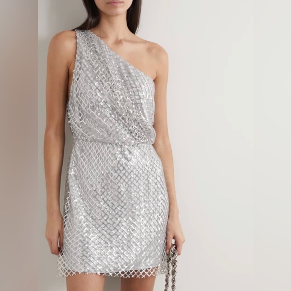 Michelle Mason one shoulder mini dress in metallic silver
